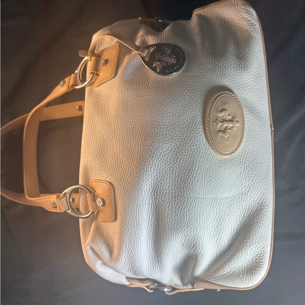 Prix de Dressage White Pebbled Leather Satchel Bag Tan Trim Red Lining - Picture 2 of 8